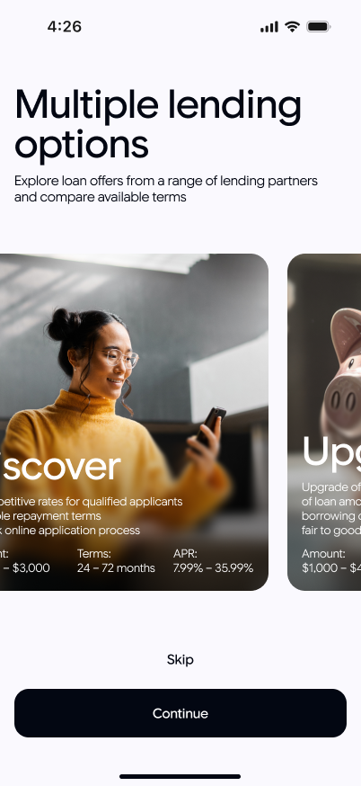 Kradevic: Loan & Credit Guide onboarding screen
